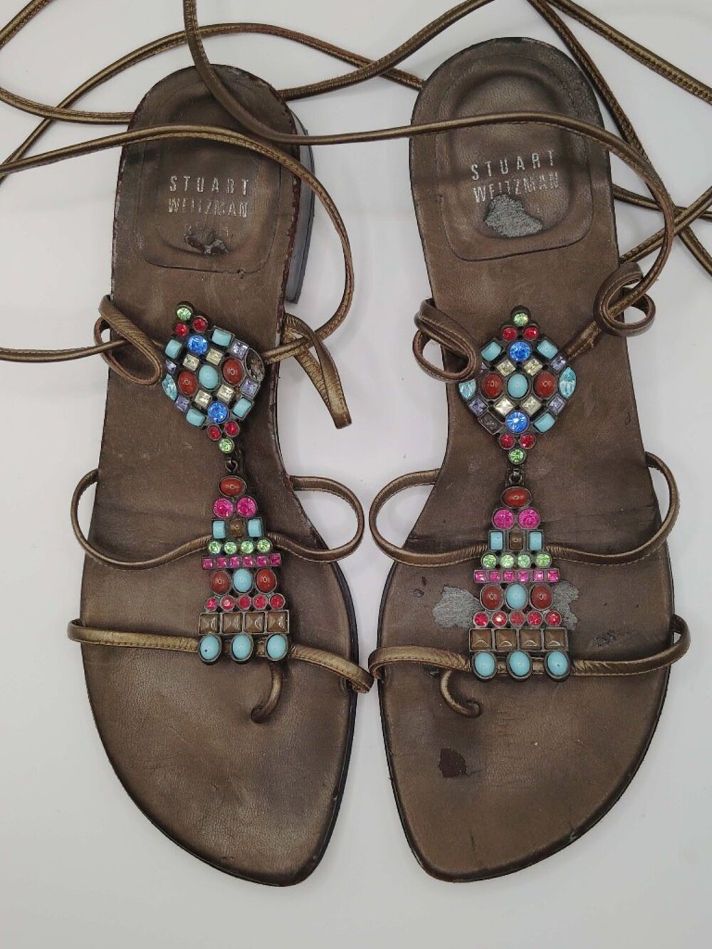 Stuart Weitzman Crystal & Stone Embellished Gladiator Sandal Dark Bronze S 8 1/2